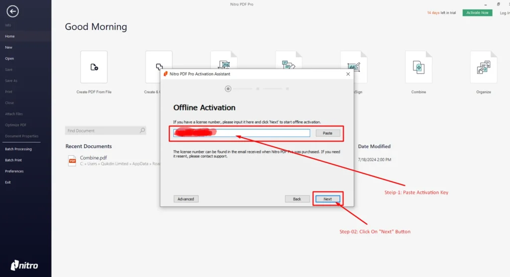 Paste the license provided and click NEXnitro pdf pro activationT.
